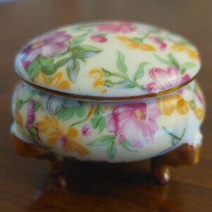 Vintage Made In Japan Miniature Tiny Footed Porcelain Floral Trinket Box